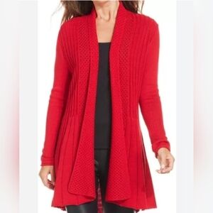NY Collection Womens SZ XL Long Red Open Front Crotchet Cardigan Sweater